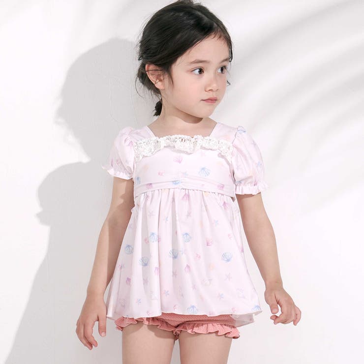 ピンク系 | シェル柄フロントレースパフスリーブセパレート型スイムウェア(90~130cm) | SLAP SLIP