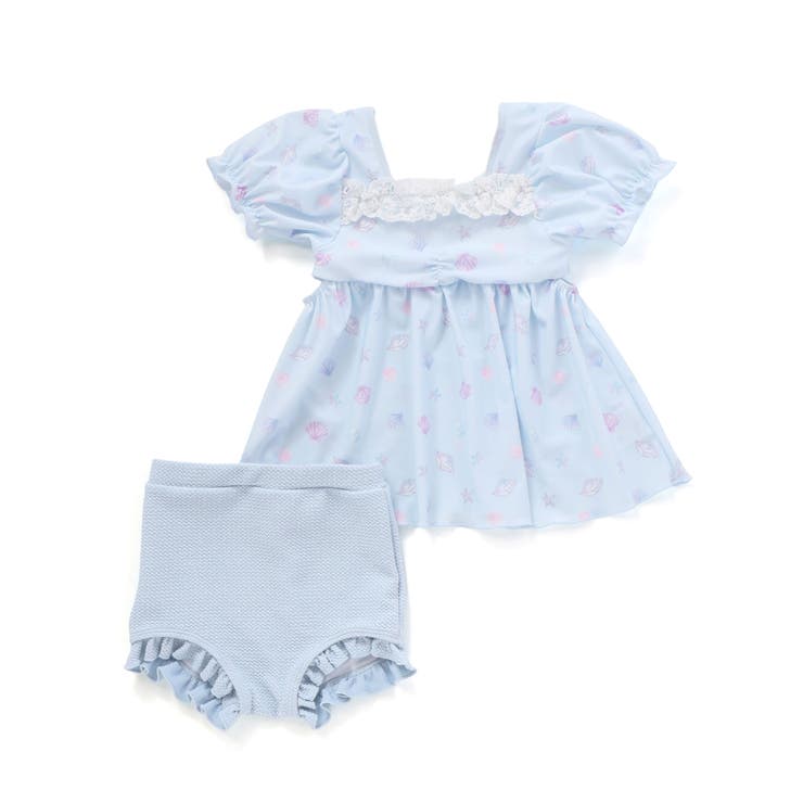 ブルー系 | シェル柄フロントレースパフスリーブセパレート型スイムウェア(90~130cm) | SLAP SLIP