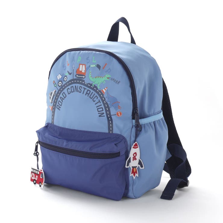 ネイビー | 【お揃い】恐竜はたらくくるまワッペンチャーム付き配色ポケットリュック(M~L) | SLAP SLIP