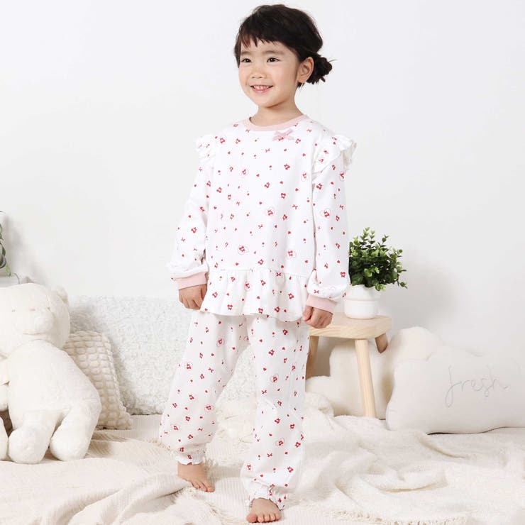 ホワイト×ハートチェリー×フリル | 【スララク 腹巻き一体型 吸汗速乾】みんな快眠！みんみんパジャマ | SLAP SLIP