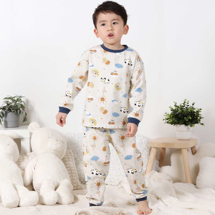 ベージュ×お空とおやすみアニマル | 【スララク 腹巻き一体型 吸汗速乾】みんな快眠！みんみんパジャマ | SLAP SLIP