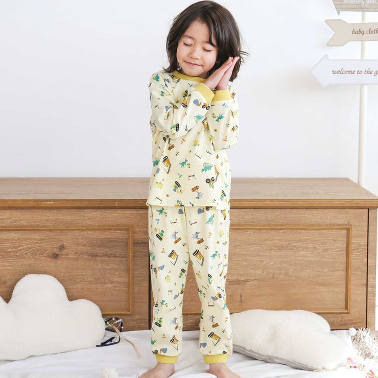 イエロー×はたらく車と頑張る恐竜 | 【スララク 腹巻き一体型 吸汗速乾】みんな快眠！みんみんパジャマ | SLAP SLIP