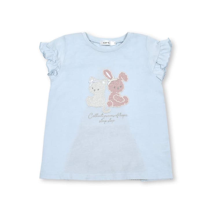 ネコウサギパッチ刺しゅうフリル袖Tシャツ(80~130cm)[品番