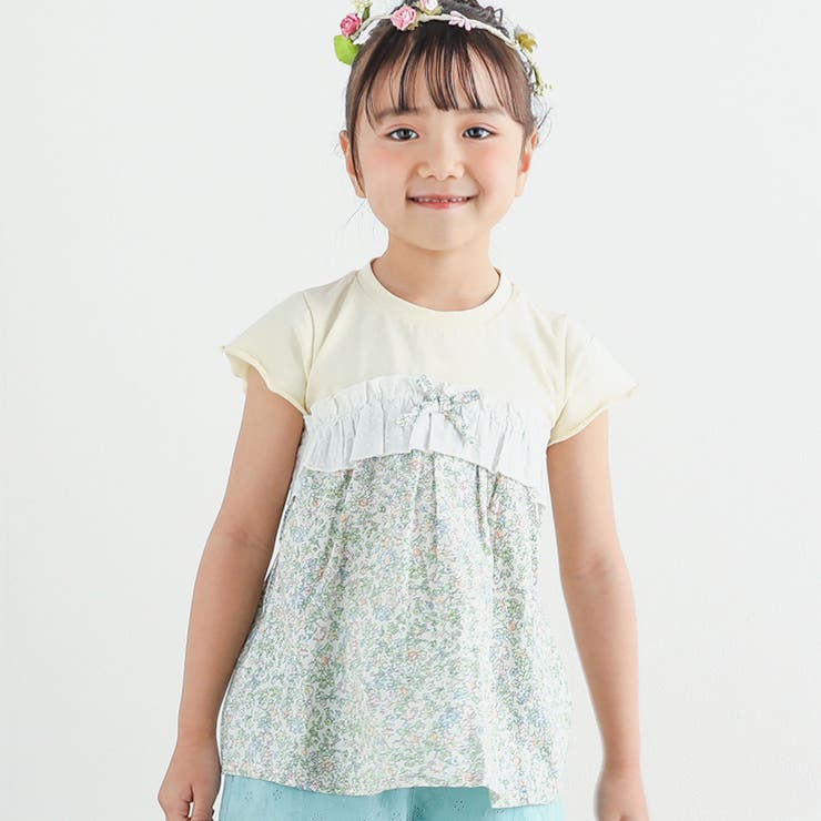 お揃い】花柄フリルドッキング半袖Tシャツ(80~140cm)[品番