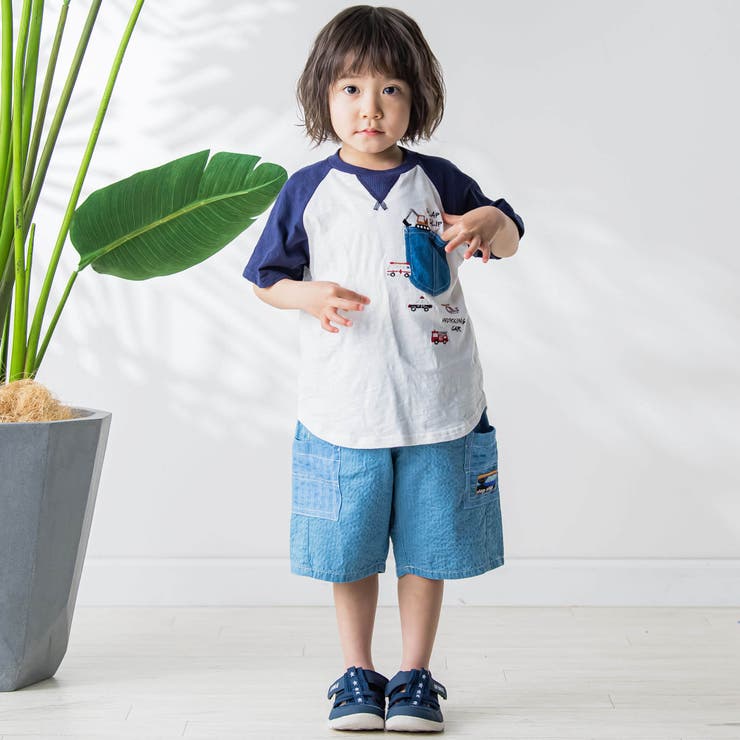 デニムポケット付きはたらくくるま刺しゅうラグランスリーブ半袖Tシャツ | SLAP SLIP | 詳細画像4 