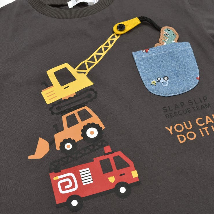 はたらくくるまプリント恐竜ひょっこりポケット付き半袖Tシャツ | SLAP SLIP | 詳細画像18 