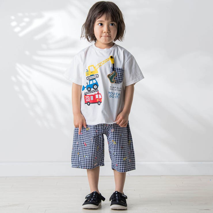 はたらくくるまプリント恐竜ひょっこりポケット付き半袖Tシャツ | SLAP SLIP | 詳細画像4 