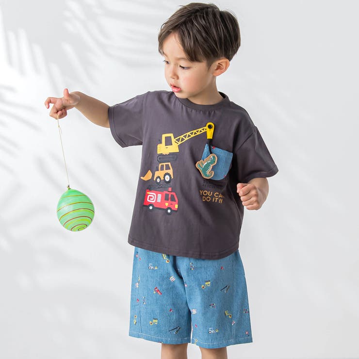 はたらくくるまプリント恐竜ひょっこりポケット付き半袖Tシャツ | SLAP SLIP | 詳細画像6 