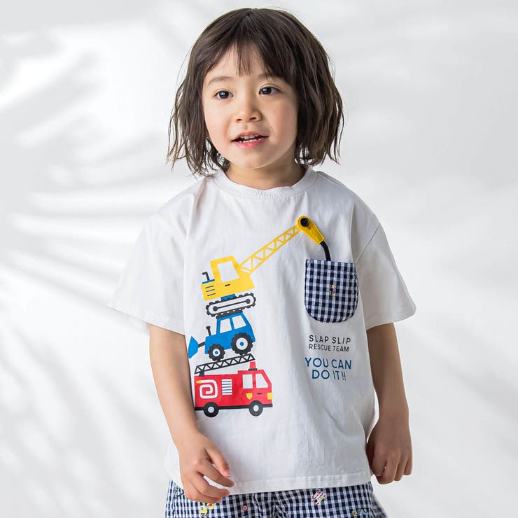 ホワイト | はたらくくるまプリント恐竜ひょっこりポケット付き半袖Tシャツ | SLAP SLIP