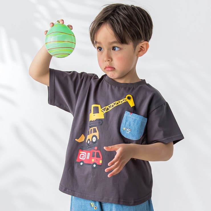 グレー | はたらくくるまプリント恐竜ひょっこりポケット付き半袖Tシャツ | SLAP SLIP