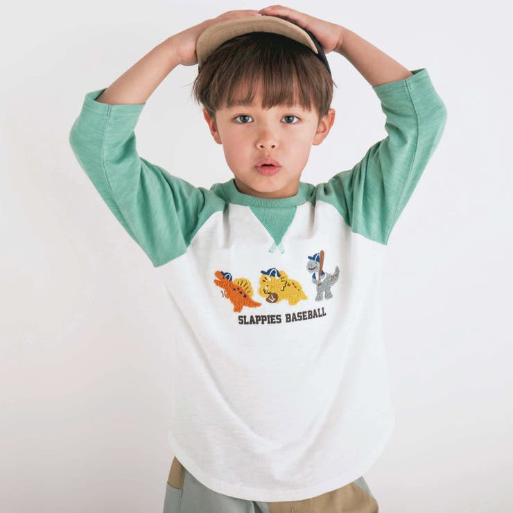 グリーン | 乗り物恐竜ポコポコサガラ刺しゅう7分袖ラグランTシャツ(80~130cm) | SLAP SLIP