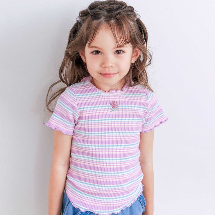 パープル系(お花) | 無地ボーダーワンポイント刺しゅう縁メロウTシャツ(80~130cm) | SLAP SLIP