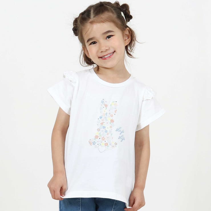 ホワイト | アニマルウサギフロント刺しゅうホットフィックスモチーフ肩レース半袖Tシャツ | SLAP SLIP