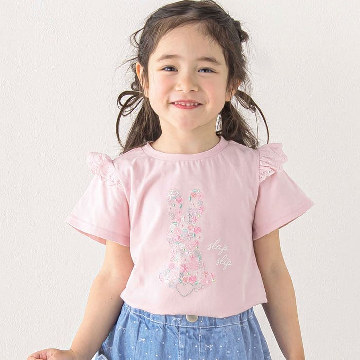 ピンク | アニマルウサギフロント刺しゅうホットフィックスモチーフ肩レース半袖Tシャツ | SLAP SLIP