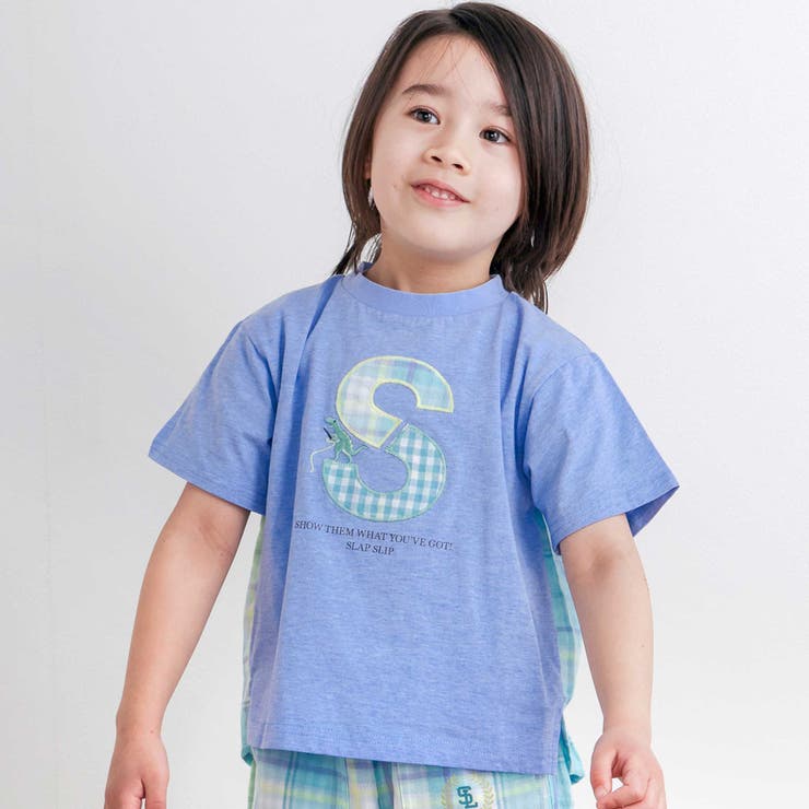 ブルー | 【お揃い】ダブルガーゼ切り替えロゴパッチ刺しゅう半袖Tシャツ(80~130cm) | SLAP SLIP