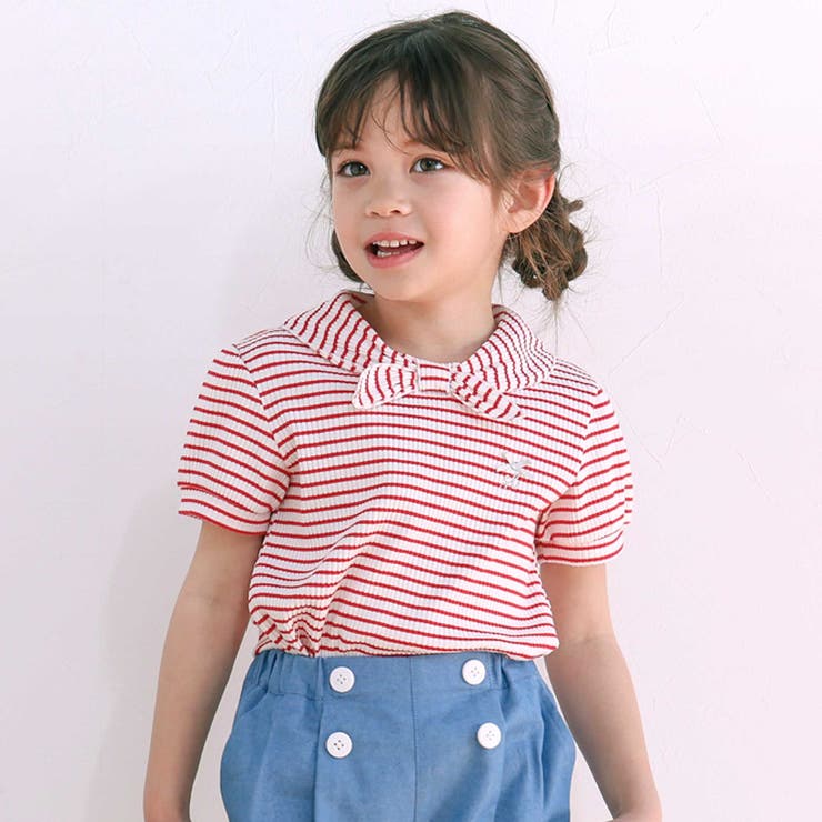 レッド系 | リボン襟マリン風ボーダーTシャツ(80~130cm) | SLAP SLIP
