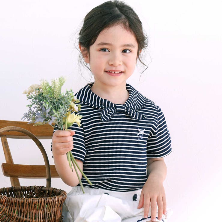 ネイビー系 | リボン襟マリン風ボーダーTシャツ(80~130cm) | SLAP SLIP