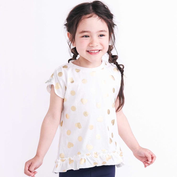 ホワイト系 | 【接触冷感】裾フリルハートドット箔プリント柄Tシャツ(80~130cm) | SLAP SLIP