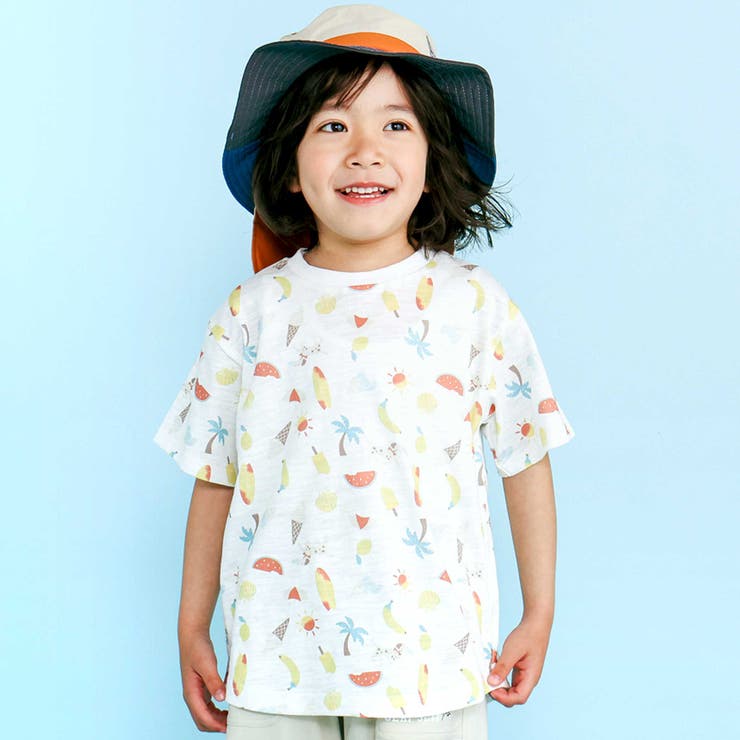 オフホワイト系 | 【吸汗速乾】ビーチ海総柄半袖Tシャツ(80~130cm) | SLAP SLIP