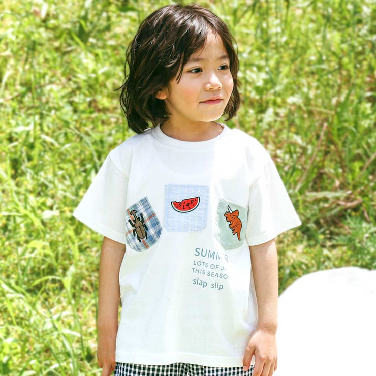 ホワイト | 【吸汗速乾】チェックダンガリー色々ワッペン付きポケット半袖Tシャツ(80~130… | SLAP SLIP