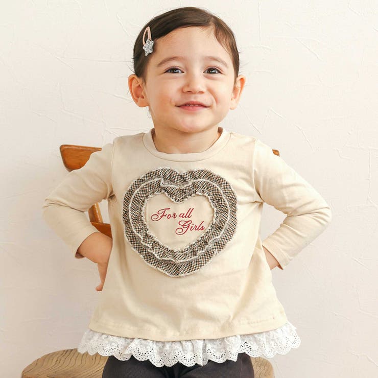 ベージュ | レースチュールハート裾フリルTシャツ(80~130cm) | SLAP SLIP