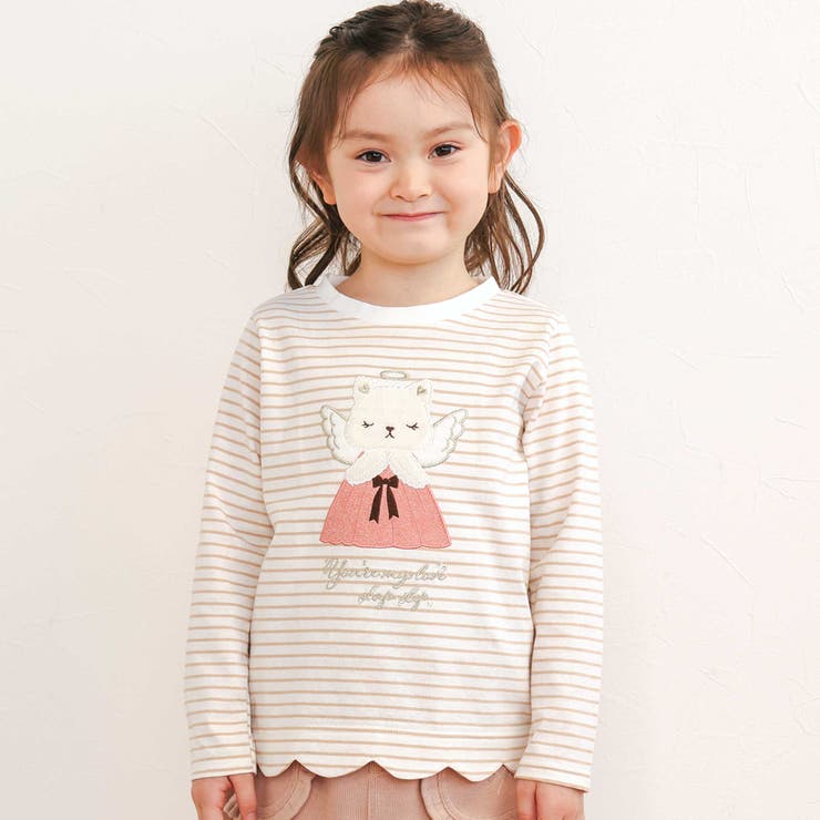 ベージュ系(ネコ) | アニマルクマウサギイヌネコモチーフパッチ刺しゅう裾スカラップTシャツ(80~13… | SLAP SLIP