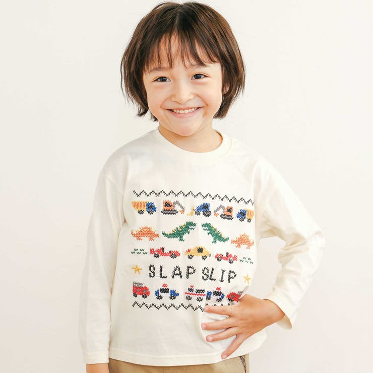 オフホワイト | はたらくくるま恐竜ステッチ刺しゅうTシャツ(80~130cm) | SLAP SLIP