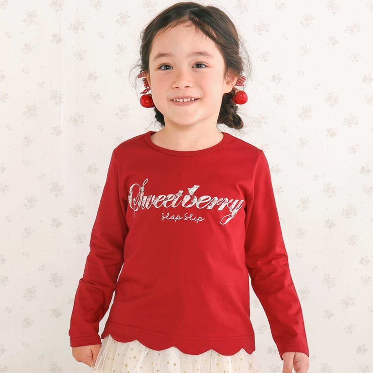 レッド | 無地ボーダーイチゴ花刺しゅう裾スカラップTシャツ(80~130cm) | SLAP SLIP