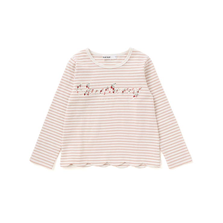 ピンク系(ボーダー) | 無地ボーダーイチゴ花刺しゅう裾スカラップTシャツ(80~130cm) | SLAP SLIP