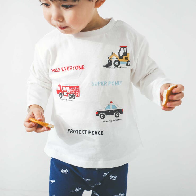 ホワイト×はたらくくるま | 【スララク/防汚加工】わくわくデザイン男の子長袖Tシャツ(80~130cm) | SLAP SLIP