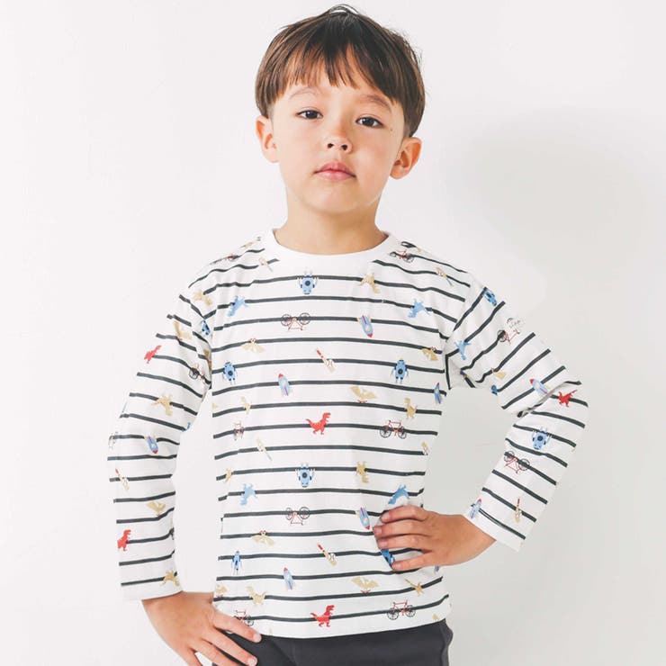 ブラックボーダー×トイ総柄 | 【スララク/防汚加工】わくわくデザイン男の子長袖Tシャツ(80~130cm) | SLAP SLIP