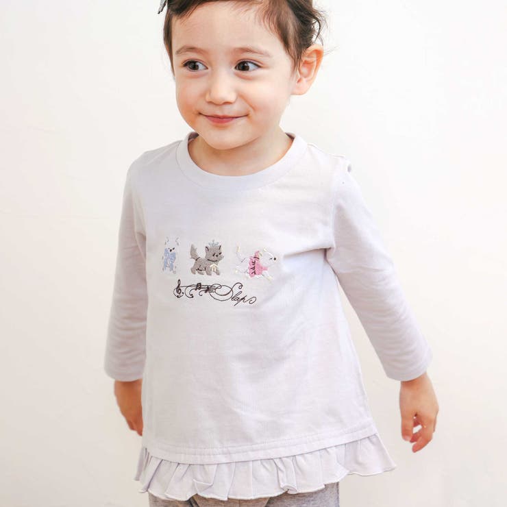 薄パープル×猫刺しゅう×裾フリル | ときめき女の子長袖Tシャツ | SLAP SLIP