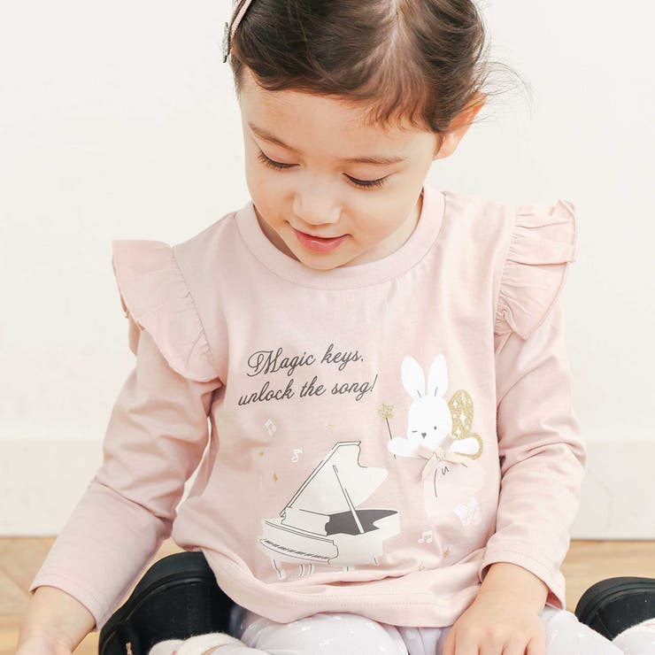ピンク×うさぎピアノ×肩フリル | ときめき女の子長袖Tシャツ | SLAP SLIP