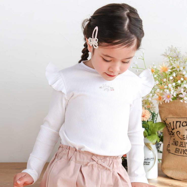 肩フリルキラッとラメ刺しゅう長袖Tシャツ(80~130cm) | SLAP SLIP | 詳細画像1 