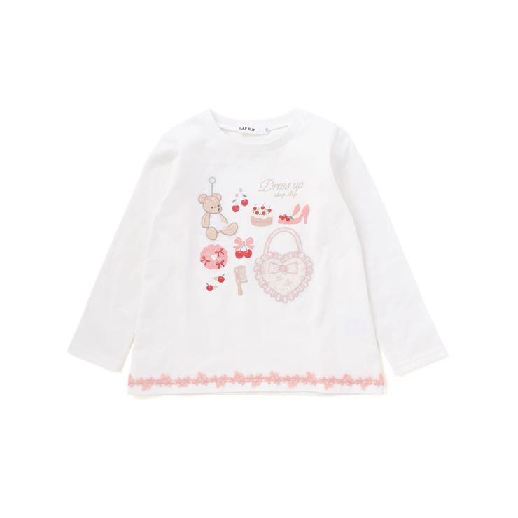 ホワイト | 裾レースパッチ刺しゅう天竺長袖Ｔシャツ(80~130cm) | SLAP SLIP