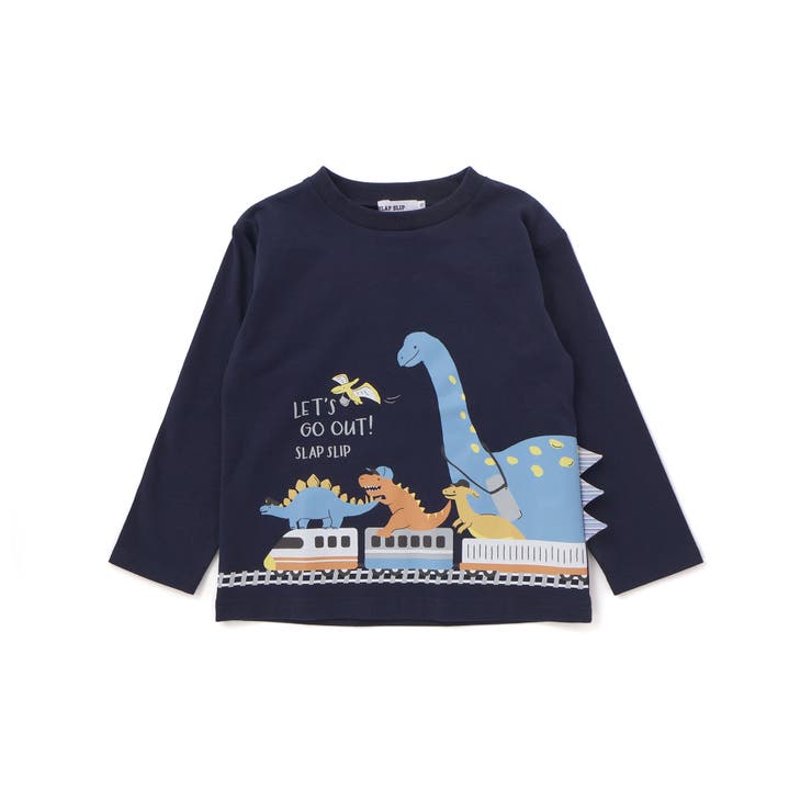 ネイビー | 恐竜プリントヒレ付き天竺長袖Ｔシャツ(80~130cm) | SLAP SLIP