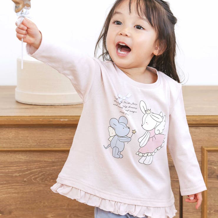 薄ピンク×うさぎリボン×裾フリル | 【スララク 防汚加工 オーガニックコットン】ときめきデザイン女の子長袖Tシャツ(… | SLAP SLIP
