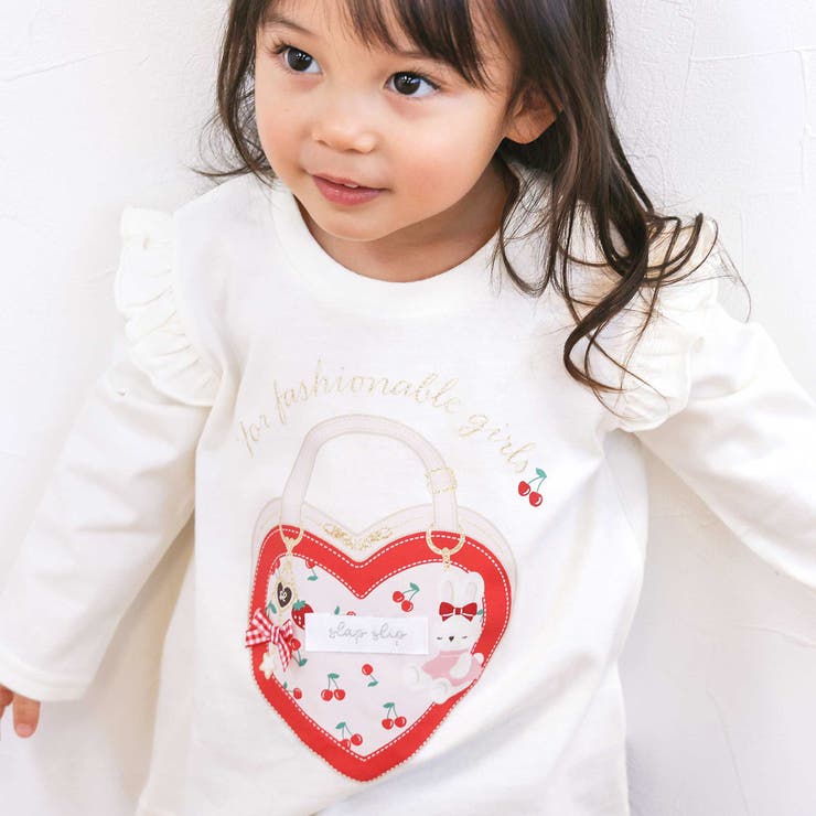 オフ×ハートバッグ×肩フリル | 【スララク 防汚加工 オーガニックコットン】ときめきデザイン女の子長袖Tシャツ(… | SLAP SLIP