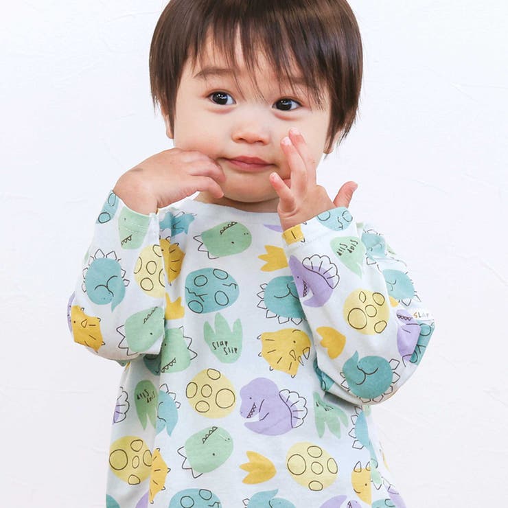 ミント×恐竜ドット総柄 | 【スララク 防汚加工 オーガニックコットン】わくわくデザイン男の子長袖Tシャツ(… | SLAP SLIP