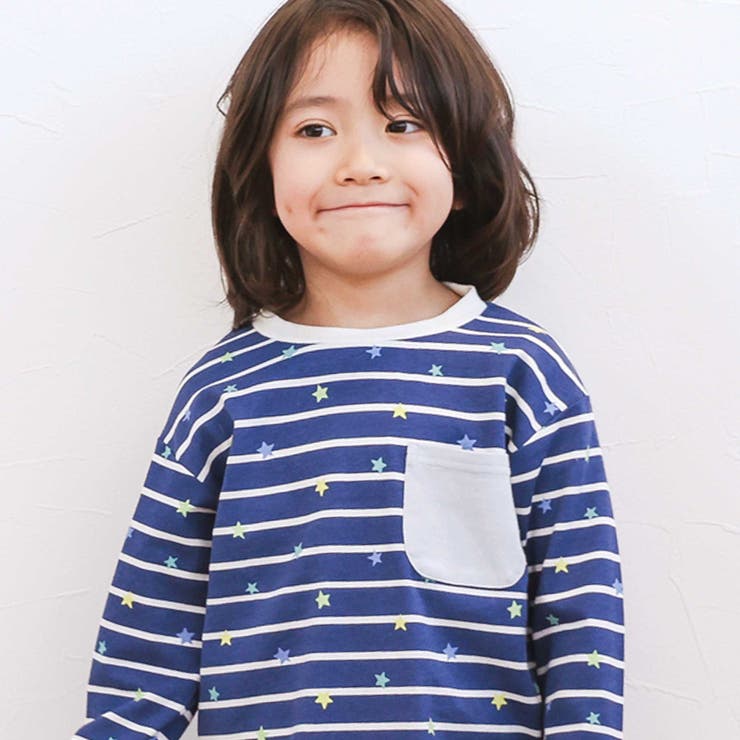 ネイビー星ボーダー×胸ポケット | 【スララク 防汚加工 オーガニックコットン】わくわくデザイン男の子長袖Tシャツ(… | SLAP SLIP