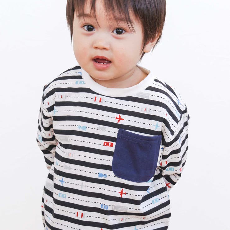 黒ボーダー×のりもの×胸ポケット | 【スララク 防汚加工 オーガニックコットン】わくわくデザイン男の子長袖Tシャツ(… | SLAP SLIP