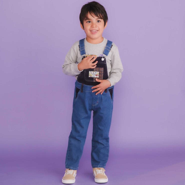 ブルー | デニムツイルコーデュロイチェック切り替えサロペット(80~120cm) | SLAP SLIP