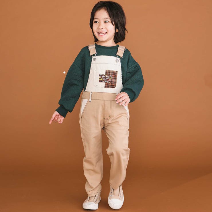 ベージュ | デニムツイルコーデュロイチェック切り替えサロペット(80~120cm) | SLAP SLIP