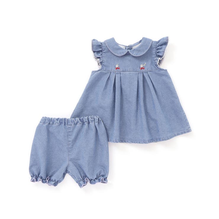 デニムレースイチゴ刺しゅう襟ワンピース+ブルマセットベビー(70