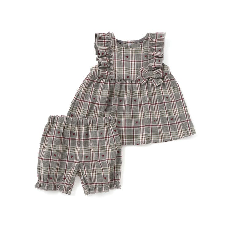 ブラック系 | 肩フリルリボンチェックワンピース+ブルマセットアップベビー | SLAP SLIP
