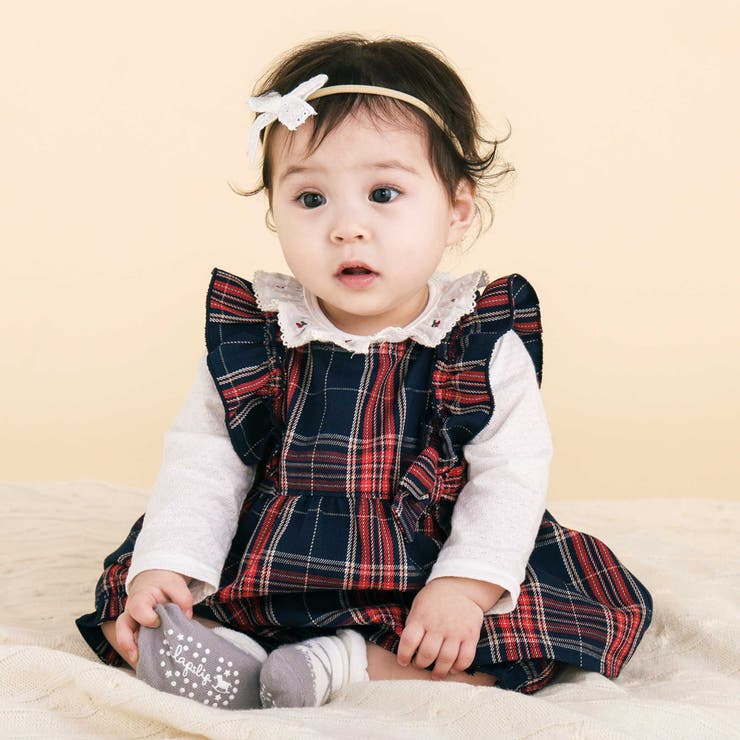 ネイビー系 | 肩フリルリボンチェックワンピース+ブルマセットアップベビー | SLAP SLIP