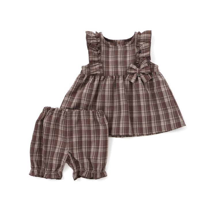ブラウン系 | 肩フリルリボンチェックワンピース+ブルマセットアップベビー | SLAP SLIP