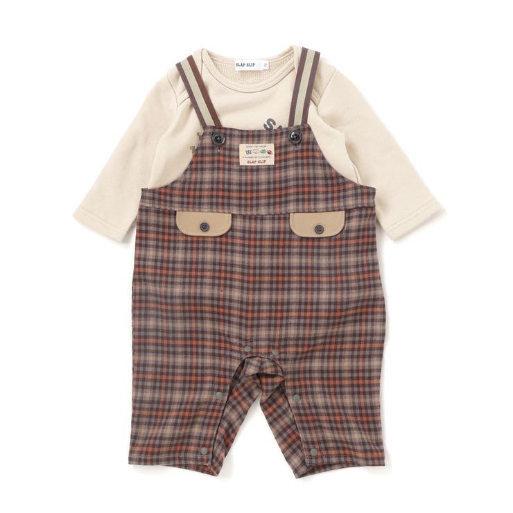 ブラウン系 | アニマルイヌ恐竜プリントボディミニ+チェックサロペット(70~80cm) | SLAP SLIP