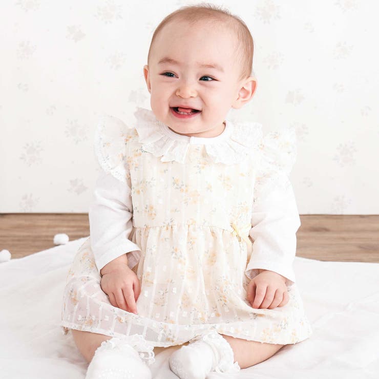 イエロー | 花柄シフォンレースワンピース+フリルブルマセットアップベビー(70~80cm) | SLAP SLIP