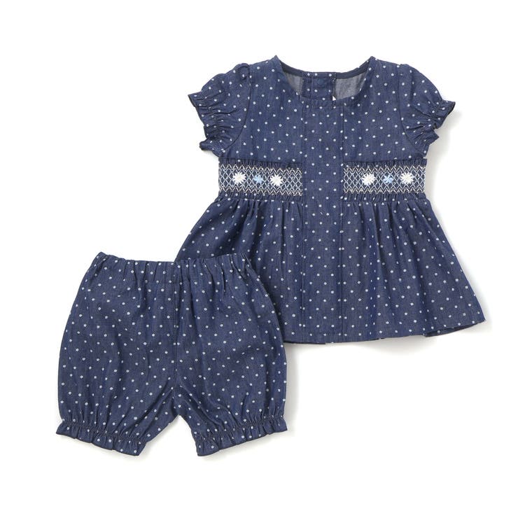 ネイビー系(デニム) | 花ドットデニムラメドット柄ストライプスモッキング刺しゅうワンピース+ブルマセット… | SLAP SLIP